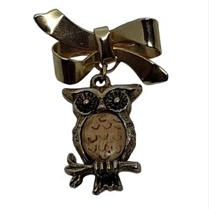 Vintage Gold Tone Owl Dangle  Pin on Bow - Cute Figural Bird Jewelry